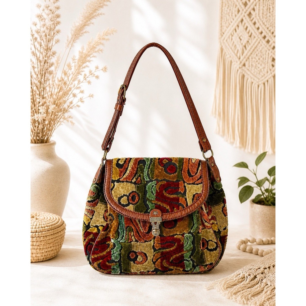 Vintage 60's 70s John Romain Designer Tapestry Handbag Purse Boho Carpet Burnout